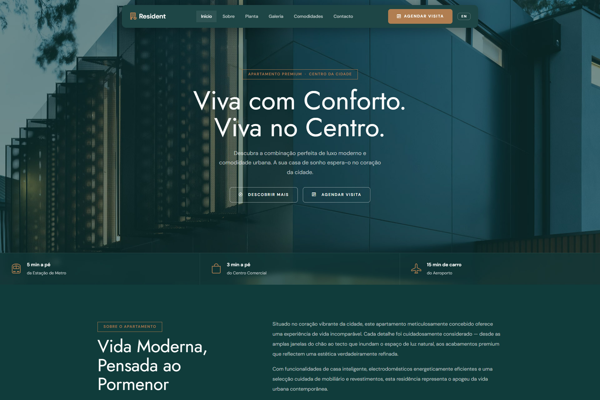 Resident — template de página única para arrendamento de imóveis de luxo